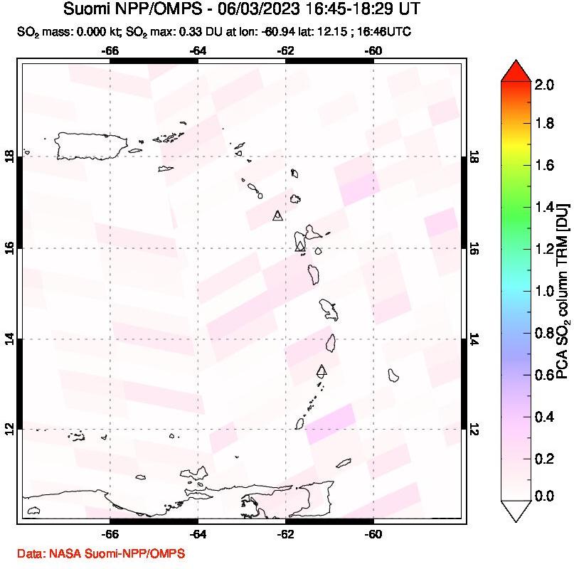 A sulfur dioxide image over Montserrat, West Indies on Jun 03, 2023.