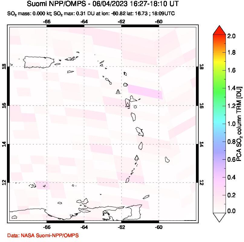 A sulfur dioxide image over Montserrat, West Indies on Jun 04, 2023.