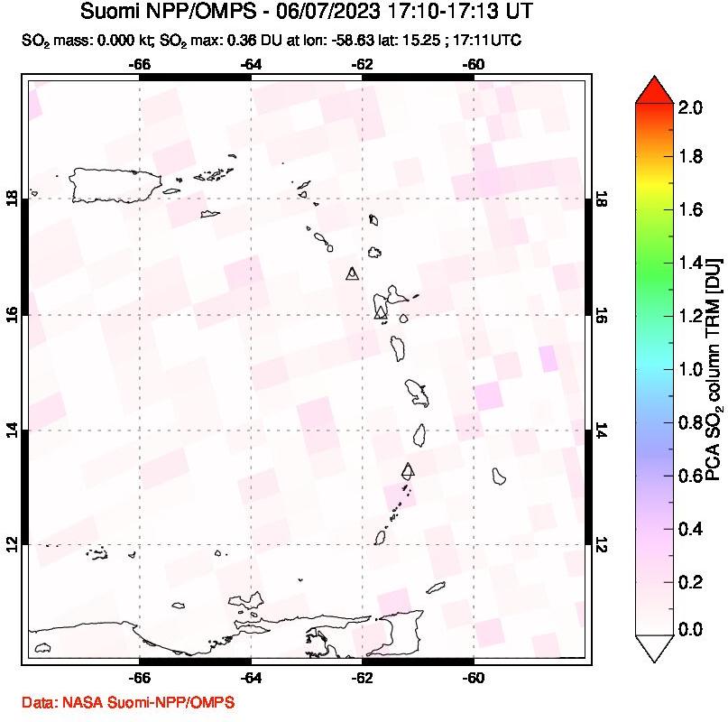 A sulfur dioxide image over Montserrat, West Indies on Jun 07, 2023.