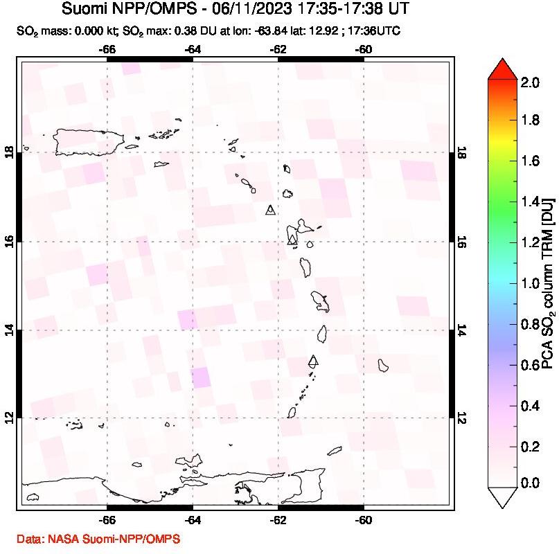 A sulfur dioxide image over Montserrat, West Indies on Jun 11, 2023.