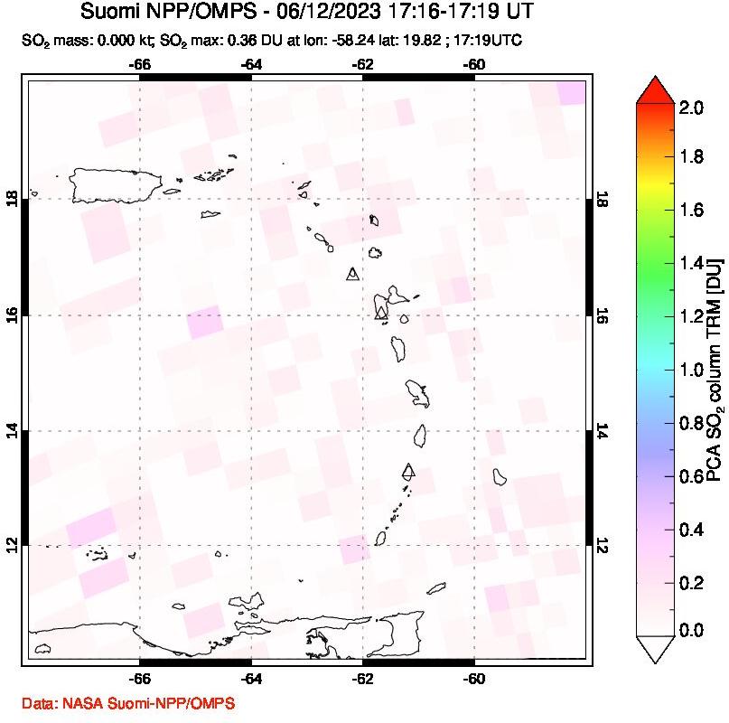 A sulfur dioxide image over Montserrat, West Indies on Jun 12, 2023.