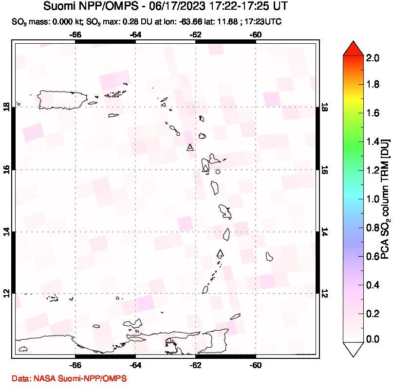 A sulfur dioxide image over Montserrat, West Indies on Jun 17, 2023.