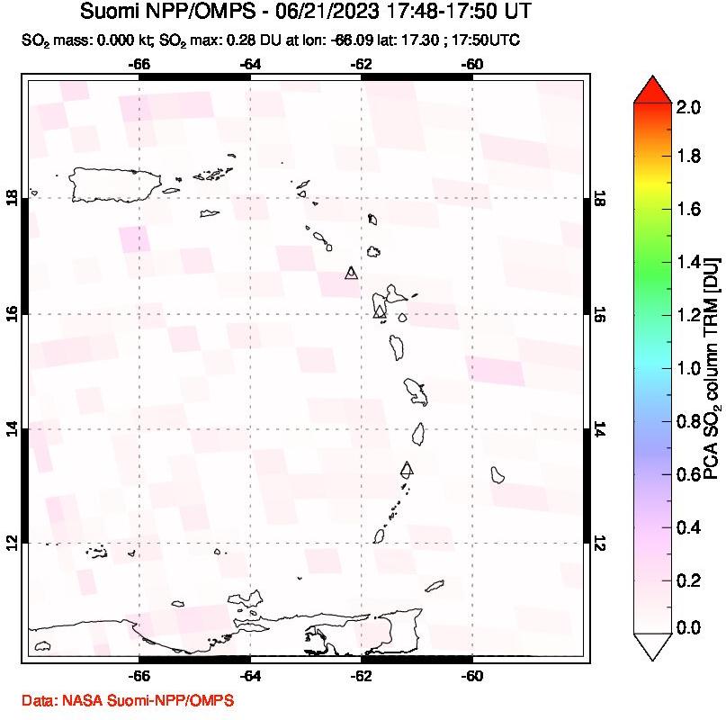 A sulfur dioxide image over Montserrat, West Indies on Jun 21, 2023.