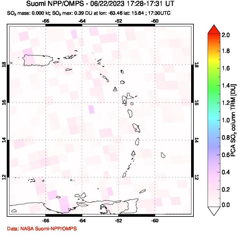 A sulfur dioxide image over Montserrat, West Indies on Jun 22, 2023.
