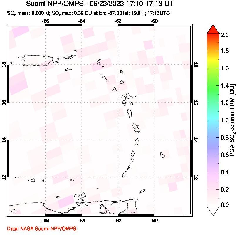 A sulfur dioxide image over Montserrat, West Indies on Jun 23, 2023.