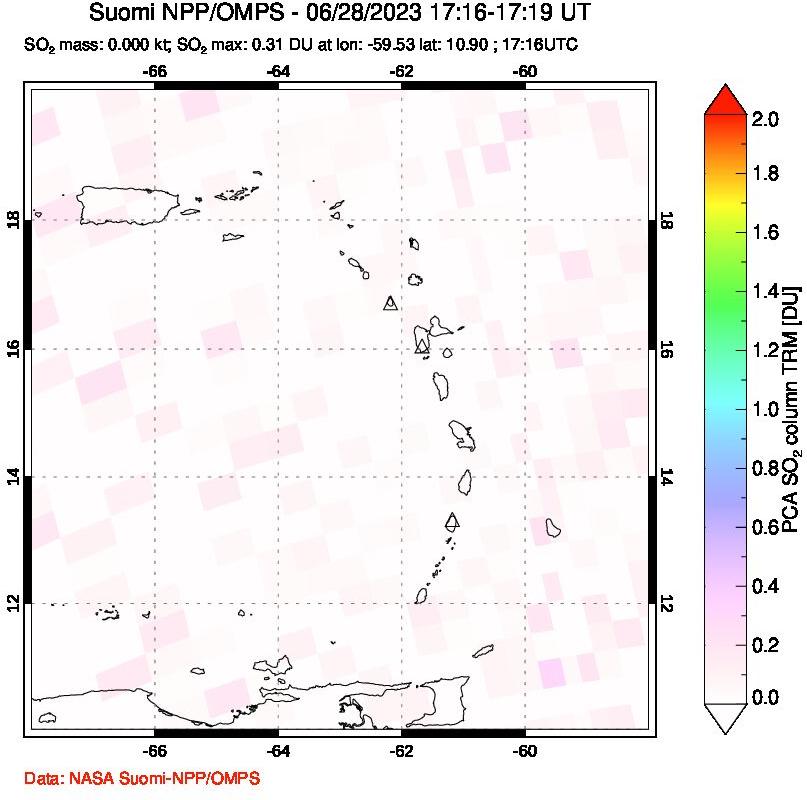 A sulfur dioxide image over Montserrat, West Indies on Jun 28, 2023.