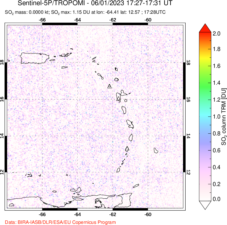 A sulfur dioxide image over Montserrat, West Indies on Jun 01, 2023.