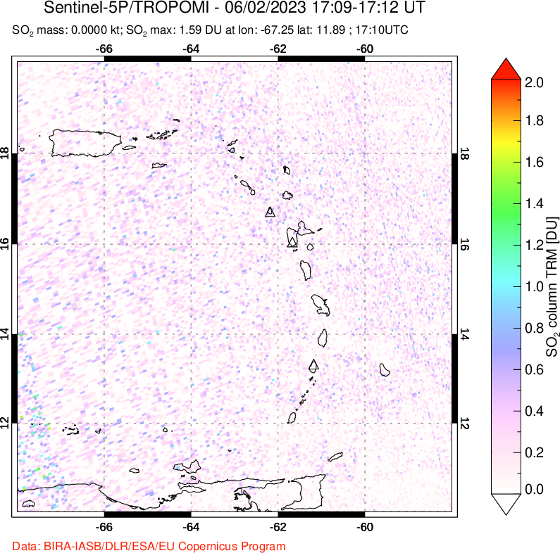A sulfur dioxide image over Montserrat, West Indies on Jun 02, 2023.