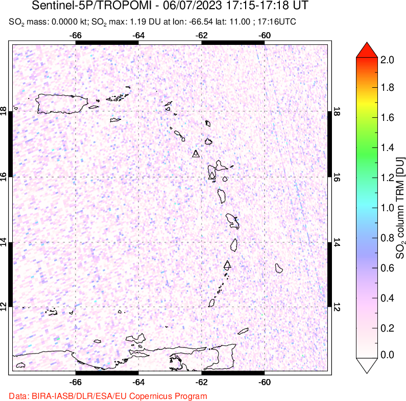 A sulfur dioxide image over Montserrat, West Indies on Jun 07, 2023.