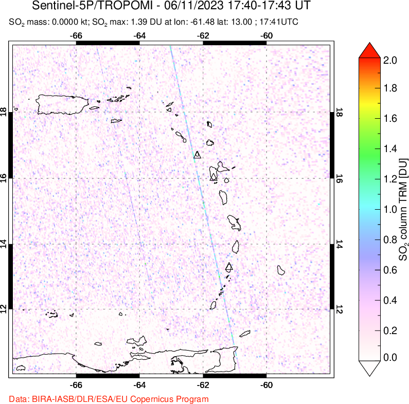 A sulfur dioxide image over Montserrat, West Indies on Jun 11, 2023.