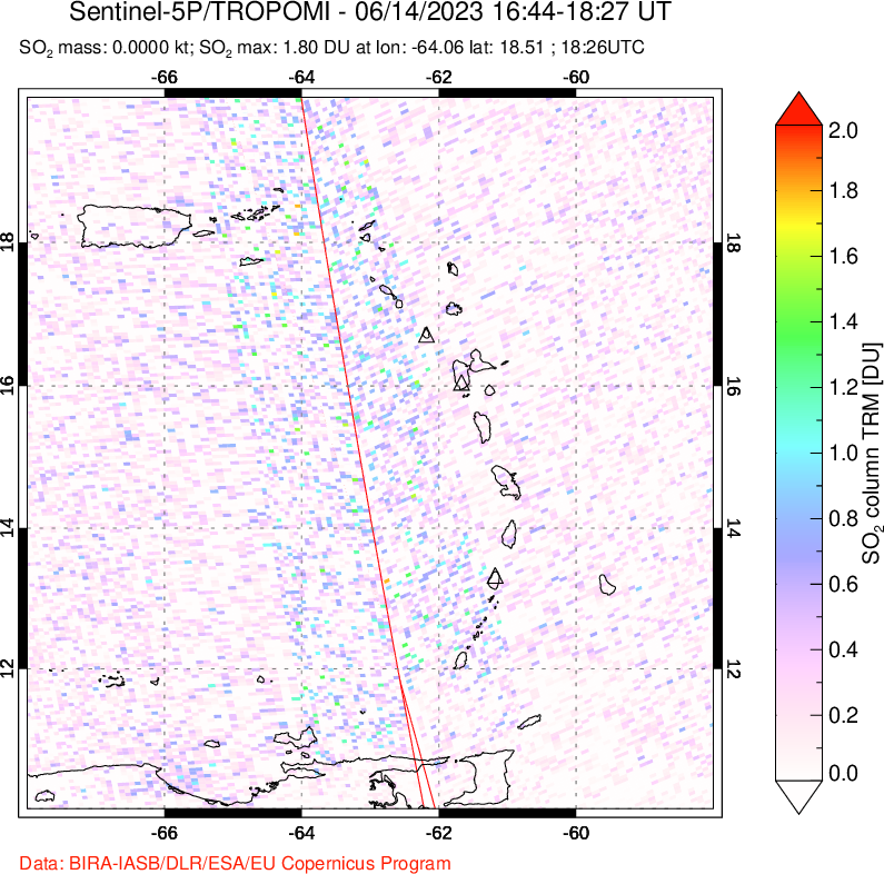 A sulfur dioxide image over Montserrat, West Indies on Jun 14, 2023.