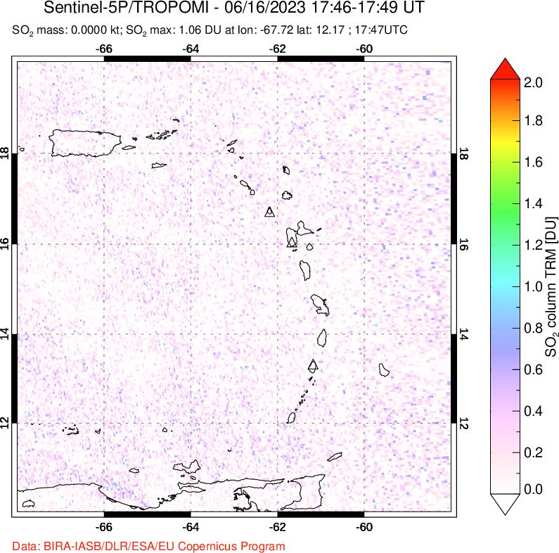 A sulfur dioxide image over Montserrat, West Indies on Jun 16, 2023.