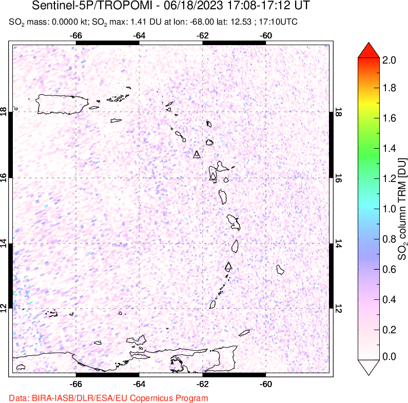 A sulfur dioxide image over Montserrat, West Indies on Jun 18, 2023.