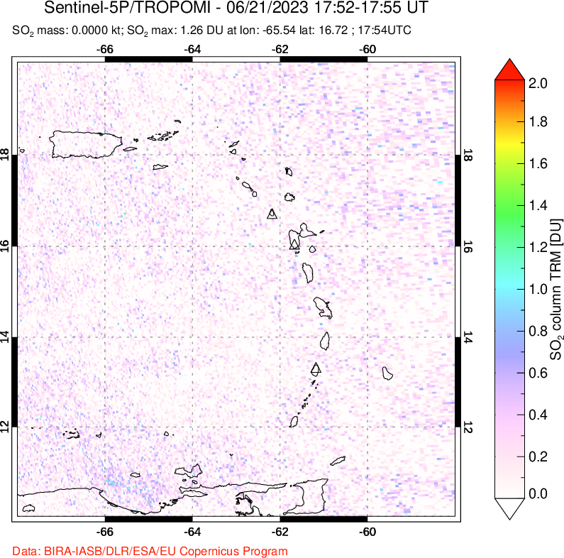A sulfur dioxide image over Montserrat, West Indies on Jun 21, 2023.