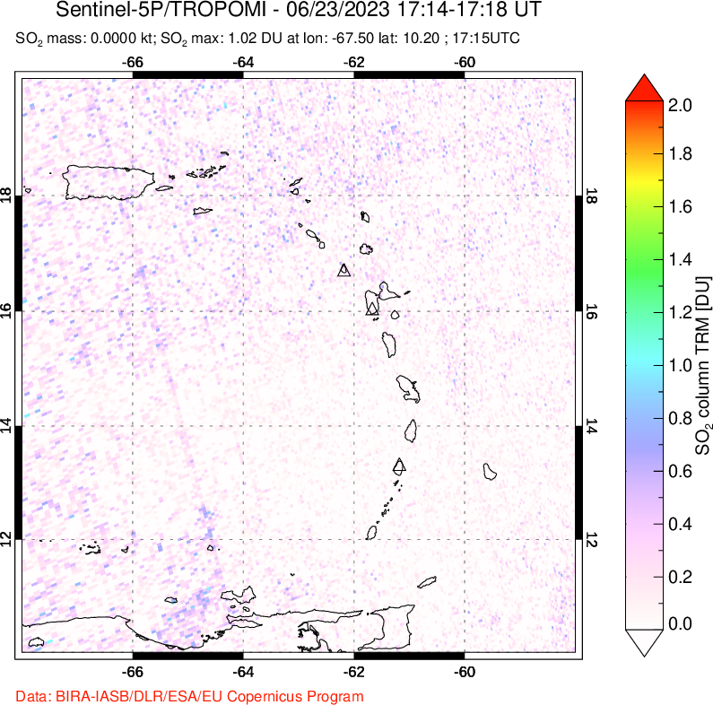 A sulfur dioxide image over Montserrat, West Indies on Jun 23, 2023.