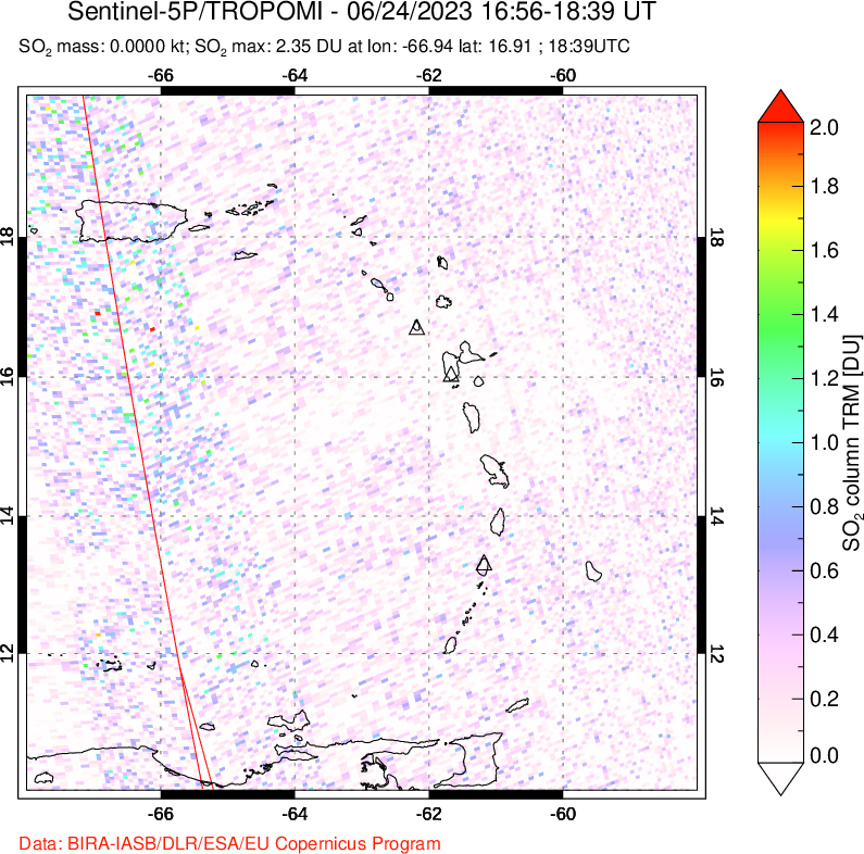 A sulfur dioxide image over Montserrat, West Indies on Jun 24, 2023.