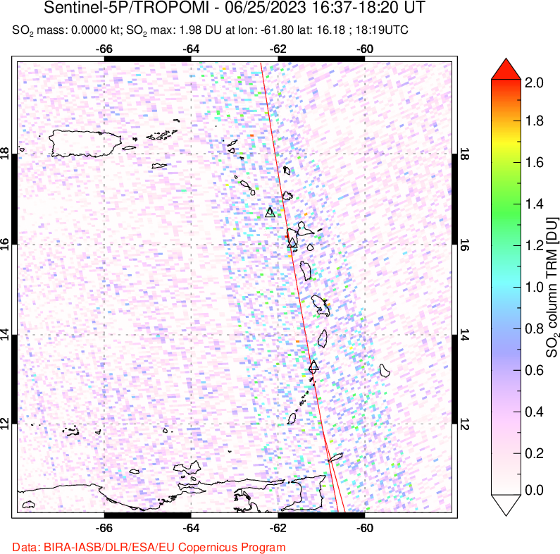 A sulfur dioxide image over Montserrat, West Indies on Jun 25, 2023.