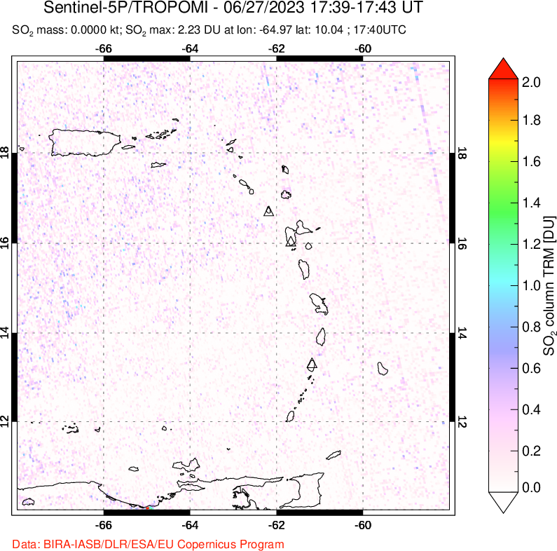 A sulfur dioxide image over Montserrat, West Indies on Jun 27, 2023.