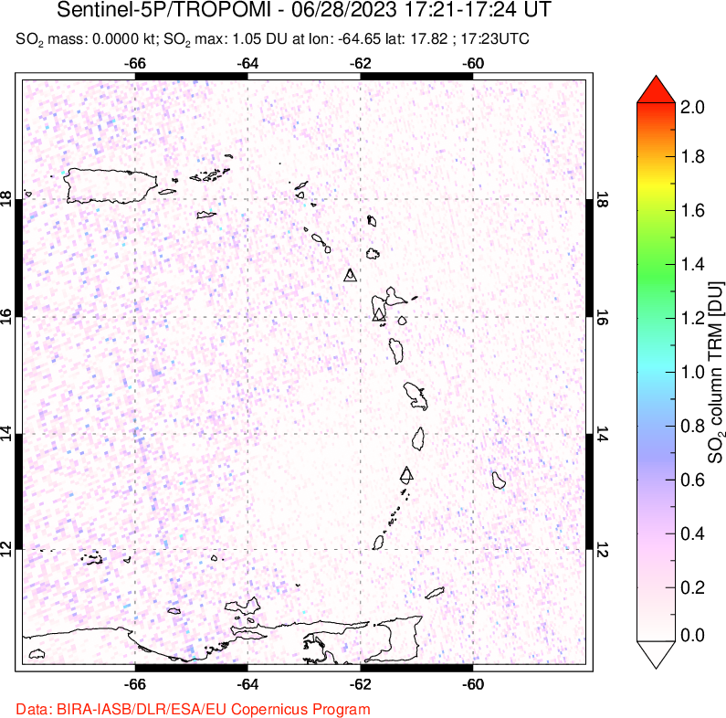 A sulfur dioxide image over Montserrat, West Indies on Jun 28, 2023.
