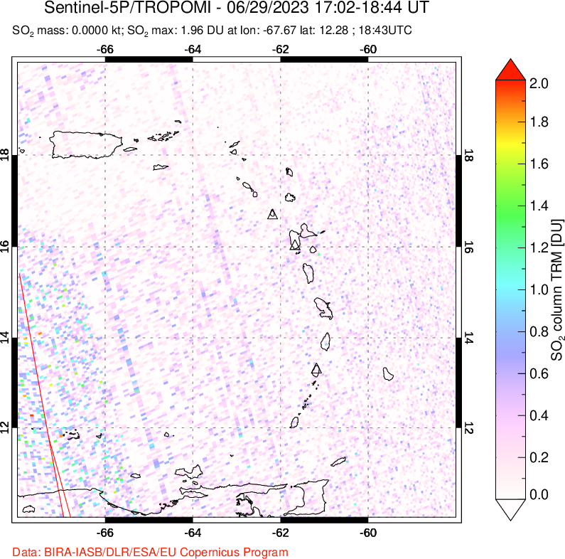 A sulfur dioxide image over Montserrat, West Indies on Jun 29, 2023.