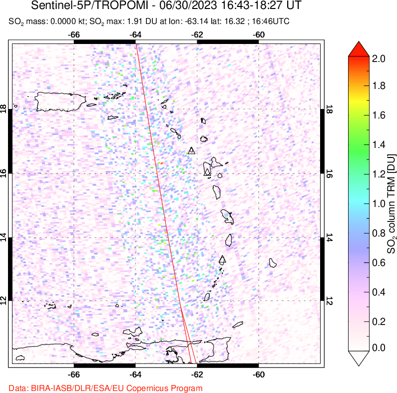 A sulfur dioxide image over Montserrat, West Indies on Jun 30, 2023.