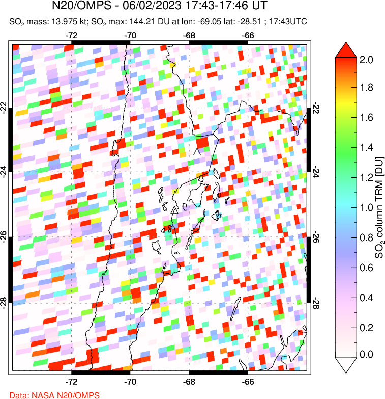 A sulfur dioxide image over Northern Chile on Jun 02, 2023.