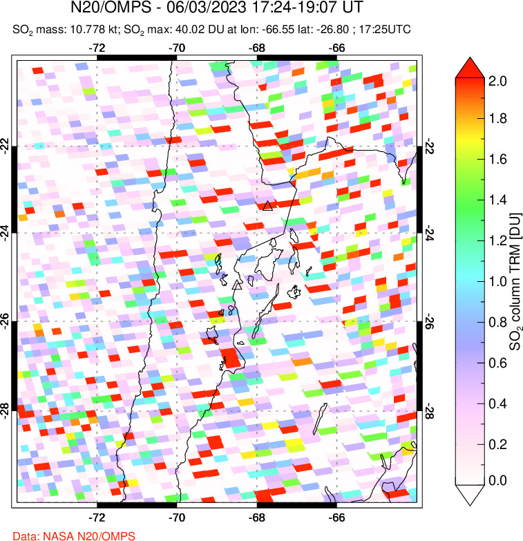 A sulfur dioxide image over Northern Chile on Jun 03, 2023.