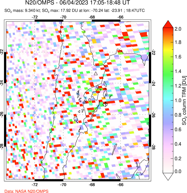 A sulfur dioxide image over Northern Chile on Jun 04, 2023.