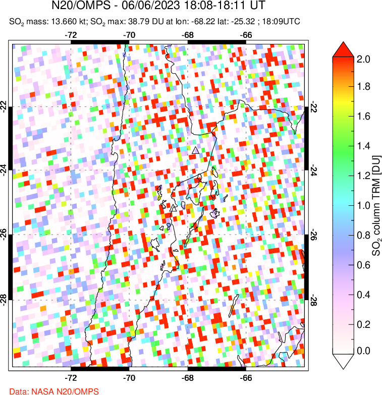 A sulfur dioxide image over Northern Chile on Jun 06, 2023.