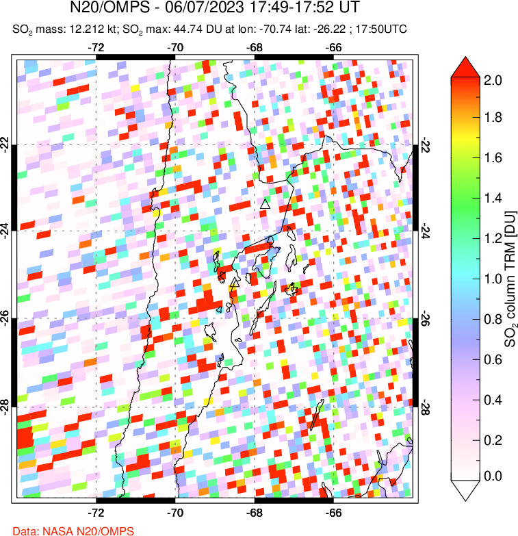 A sulfur dioxide image over Northern Chile on Jun 07, 2023.