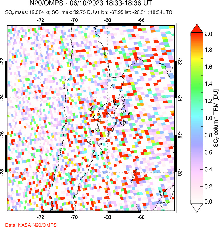 A sulfur dioxide image over Northern Chile on Jun 10, 2023.