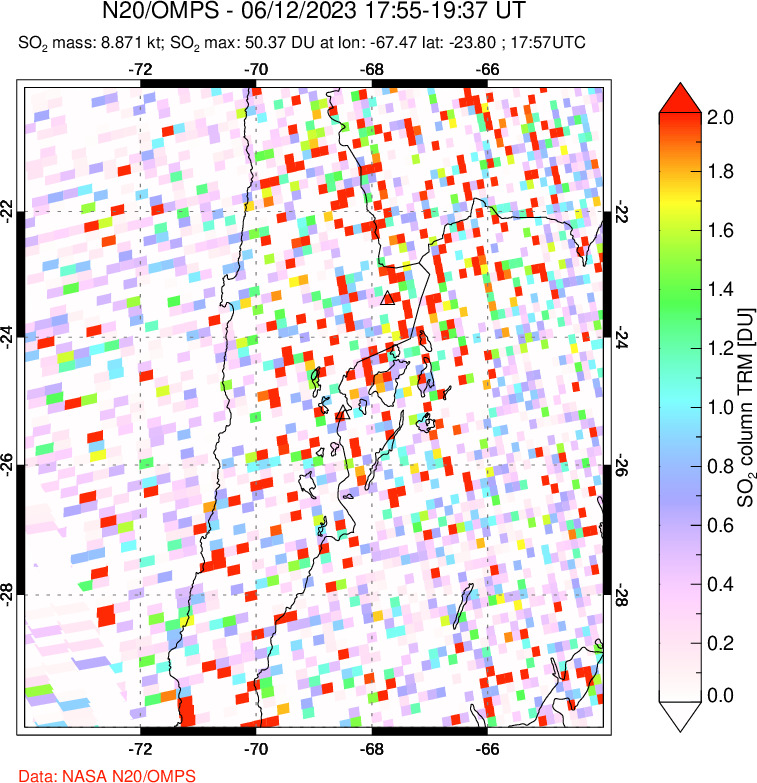 A sulfur dioxide image over Northern Chile on Jun 12, 2023.