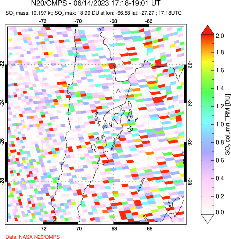 A sulfur dioxide image over Northern Chile on Jun 14, 2023.