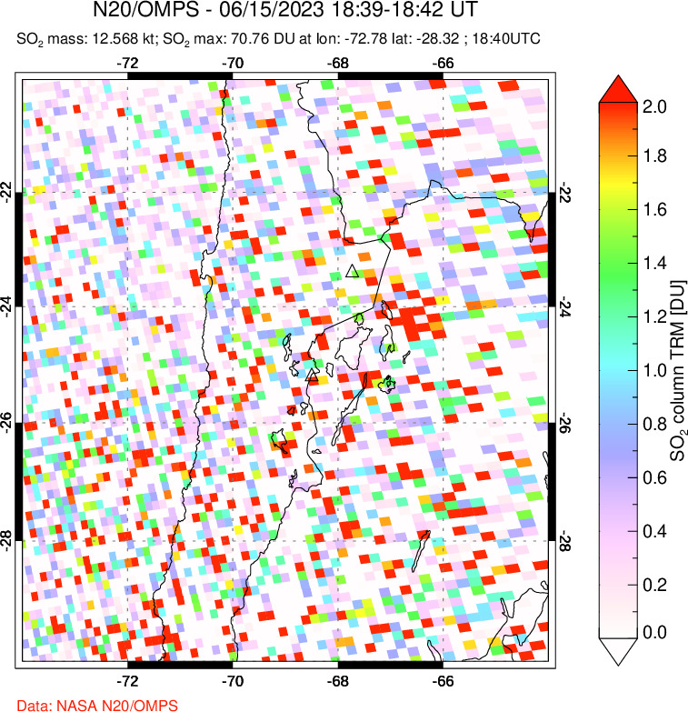 A sulfur dioxide image over Northern Chile on Jun 15, 2023.