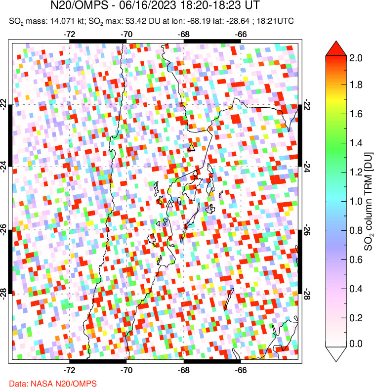 A sulfur dioxide image over Northern Chile on Jun 16, 2023.