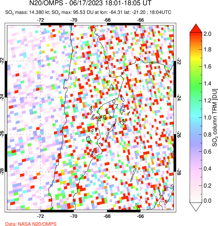 A sulfur dioxide image over Northern Chile on Jun 17, 2023.