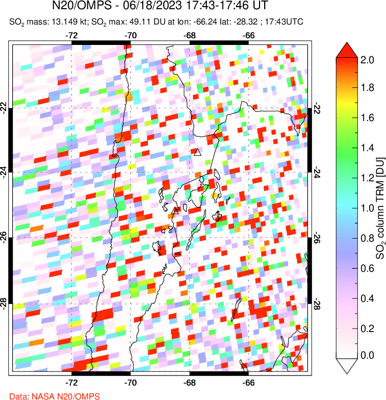 A sulfur dioxide image over Northern Chile on Jun 18, 2023.