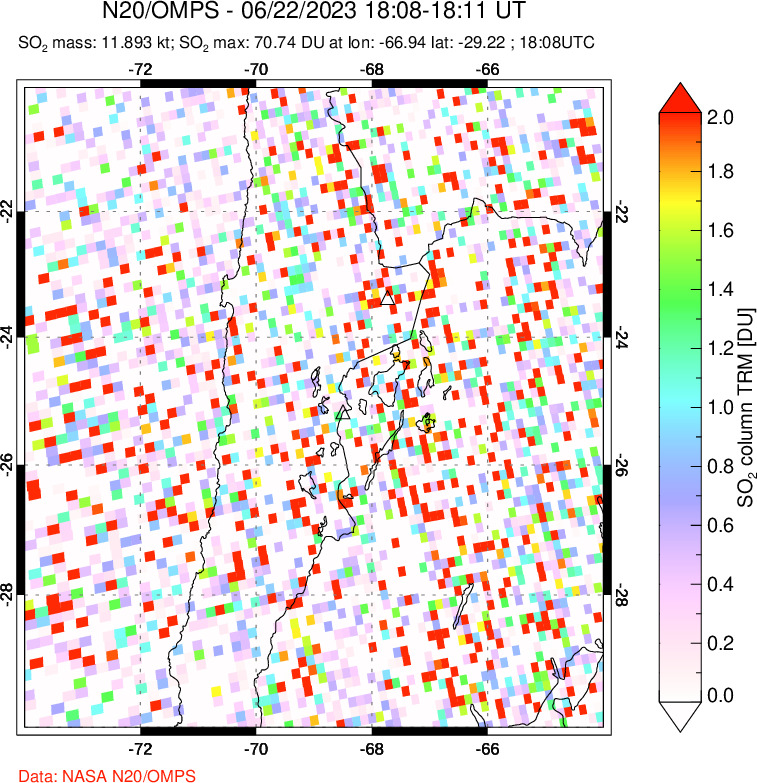 A sulfur dioxide image over Northern Chile on Jun 22, 2023.