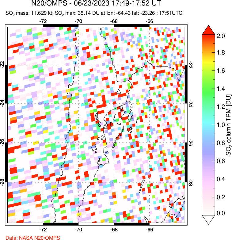 A sulfur dioxide image over Northern Chile on Jun 23, 2023.