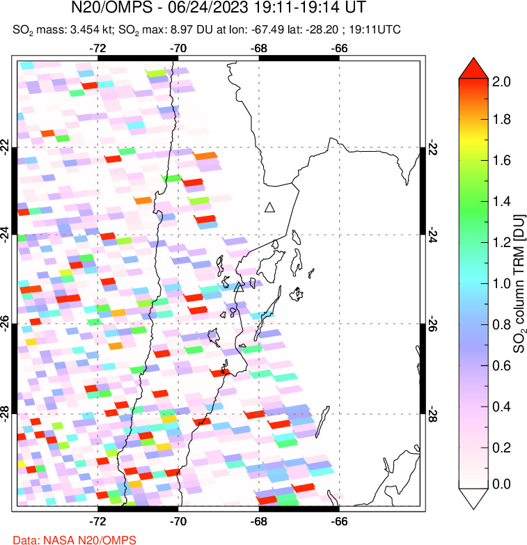 A sulfur dioxide image over Northern Chile on Jun 24, 2023.