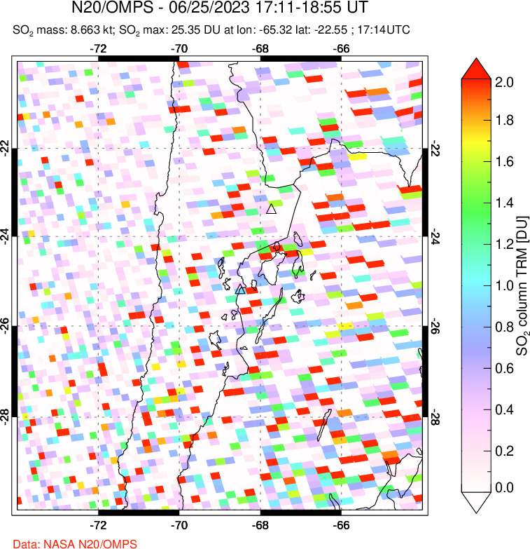 A sulfur dioxide image over Northern Chile on Jun 25, 2023.