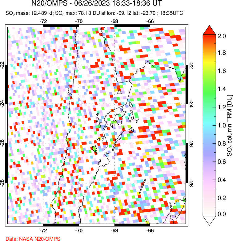 A sulfur dioxide image over Northern Chile on Jun 26, 2023.