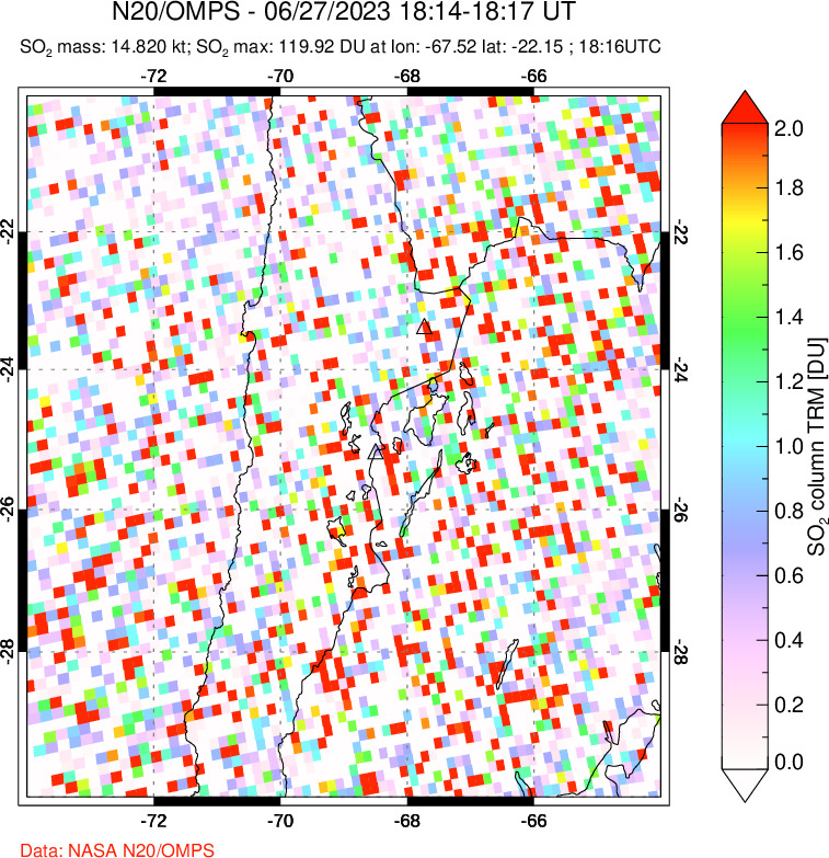 A sulfur dioxide image over Northern Chile on Jun 27, 2023.