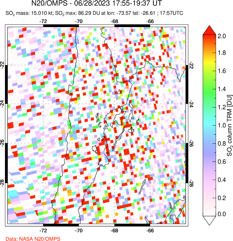 A sulfur dioxide image over Northern Chile on Jun 28, 2023.