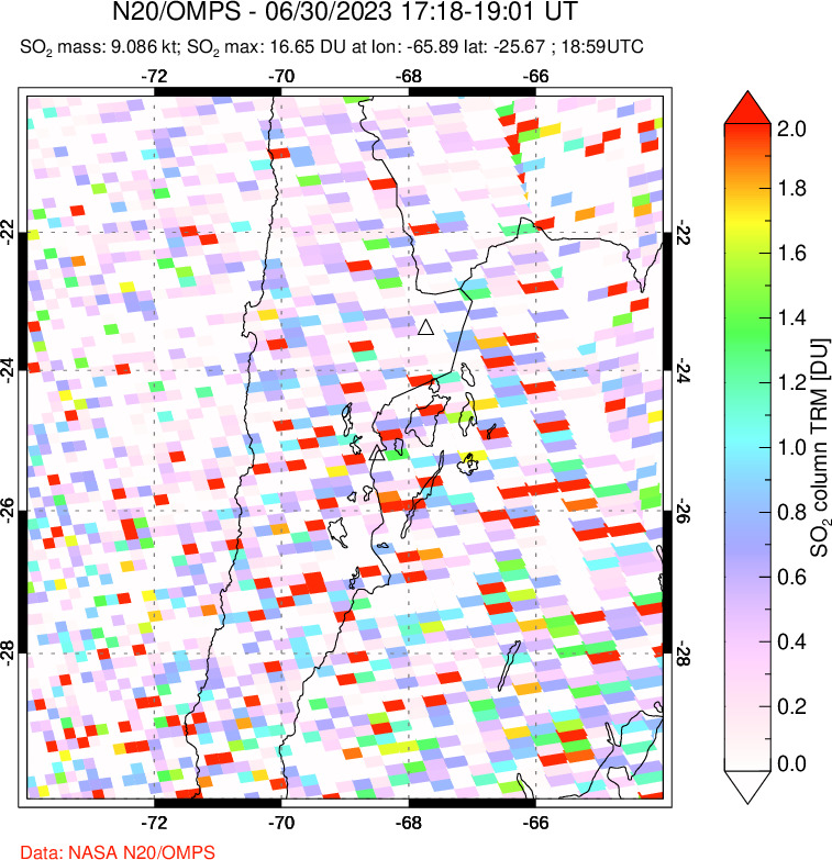 A sulfur dioxide image over Northern Chile on Jun 30, 2023.