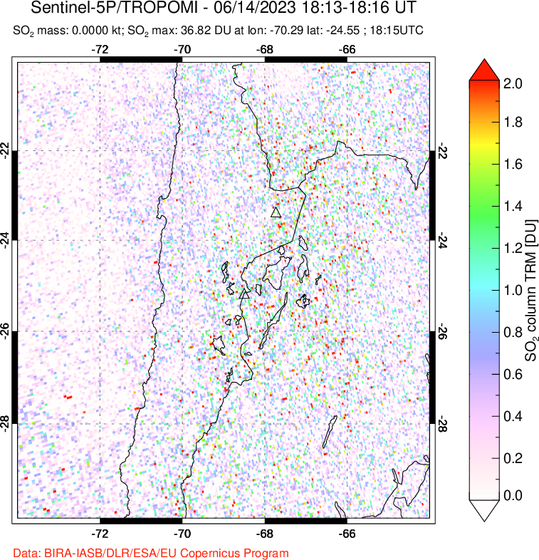 A sulfur dioxide image over Northern Chile on Jun 14, 2023.
