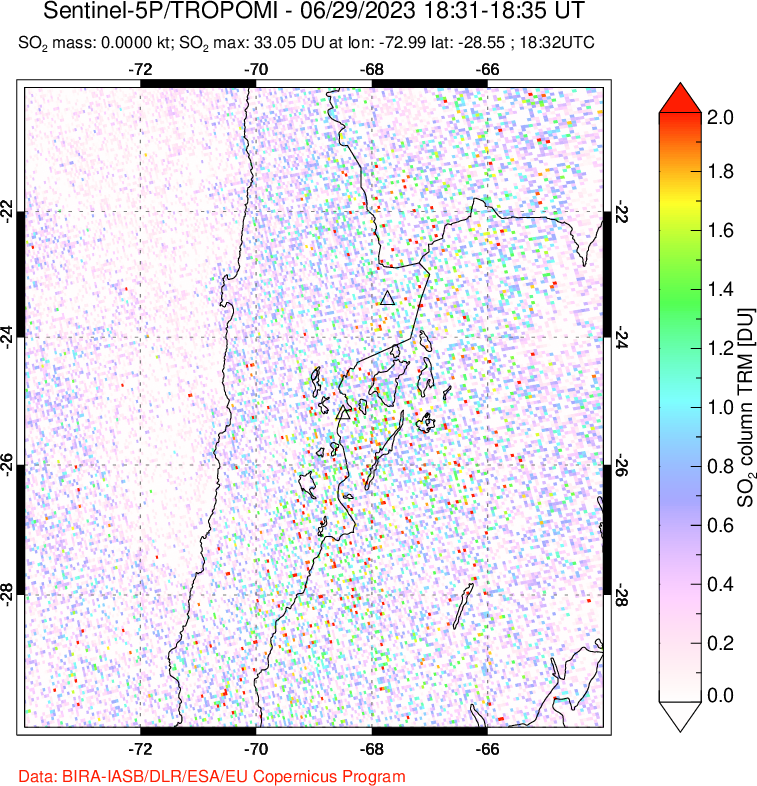 A sulfur dioxide image over Northern Chile on Jun 29, 2023.