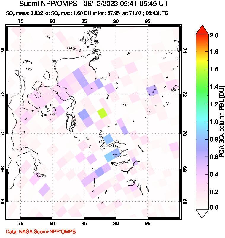 A sulfur dioxide image over Norilsk, Russian Federation on Jun 12, 2023.