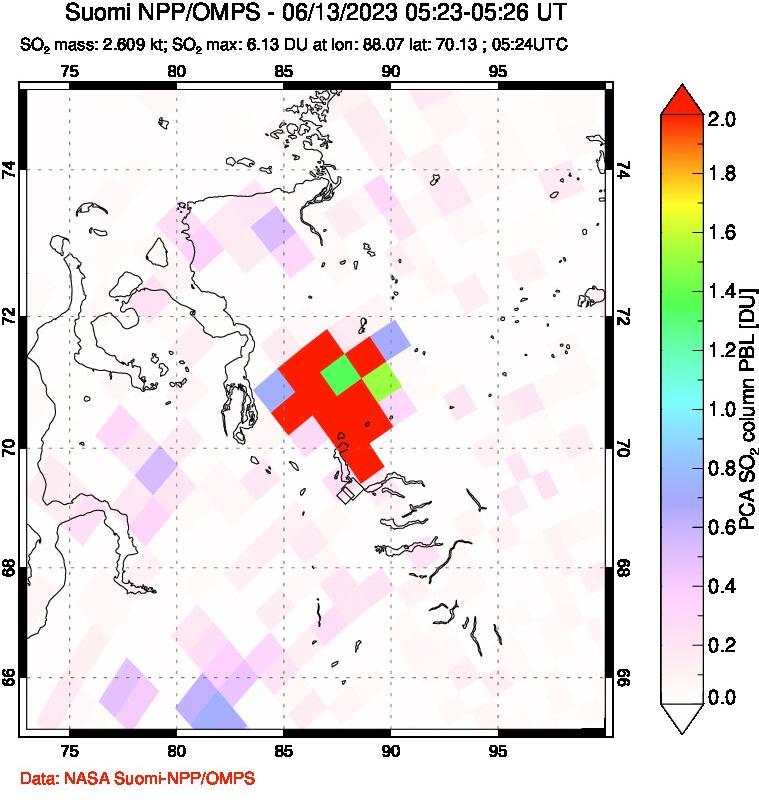 A sulfur dioxide image over Norilsk, Russian Federation on Jun 13, 2023.