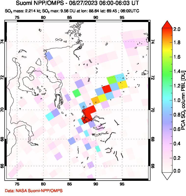A sulfur dioxide image over Norilsk, Russian Federation on Jun 27, 2023.